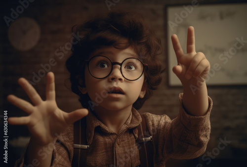 boy with glasses shows thumbs up after opening his book on a blackboard  generative AI