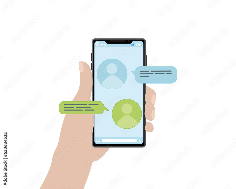 Phone in hand human hand correspondence with people call communication chat messenger phone screen illustration