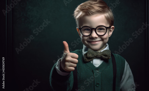 boy with glasses shows thumbs up after opening his book on a blackboard  generative AI