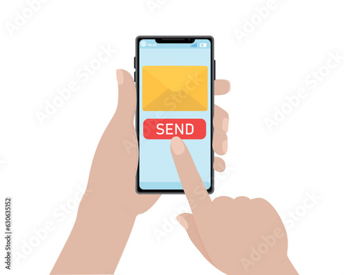 Phone in hand, human hand, correspondence, reading, drinking, pressing the screen, messenger, phone screen illustration