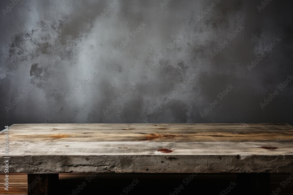 Old wooden table top on cement background, product display montage.