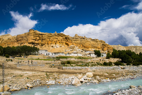 Beautiful Chhoser Village with desert landscape in Lo Manthang of Upper Mustang in Nepal photo