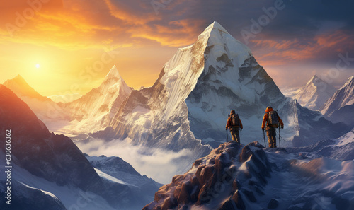 Group of hikers walking on a mountain at sunset beautiful mountains with snow  active sport concept  backpackers on peak of mountain walking. traveling extreme sport outdoor