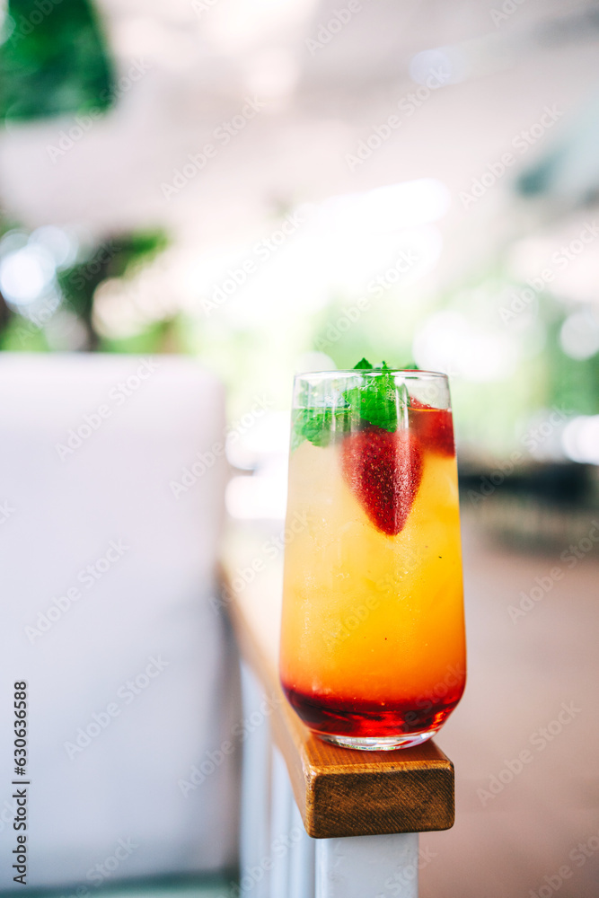 soft drink on the coffee shop flyer. refreshing sweet drink with ice on the cafe table. summer cold drink with fruits soft drink on the coffee shop flyer. refreshing sweet drink with ice on the cafe table. summer cold drink with fruits