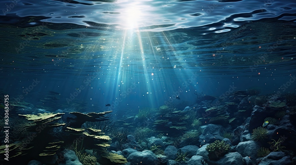 an ocean view with stars, in the style of hyperrealistic marine life, backlight, panorama, intricate underwater worlds, landscape photography, gray and blue, low-angle