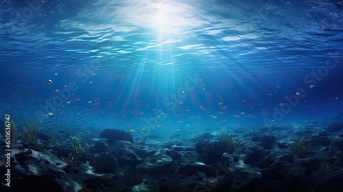 an ocean view with stars, in the style of hyperrealistic marine life, backlight, panorama, intricate underwater worlds, landscape photography, gray and blue, low-angle © EnelEva