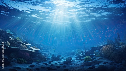 an ocean view with stars, in the style of hyperrealistic marine life, backlight, panorama, intricate underwater worlds, landscape photography, gray and blue, low-angle