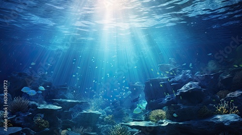 an ocean view with stars  in the style of hyperrealistic marine life  backlight  panorama  intricate underwater worlds  landscape photography  gray and blue  low-angle