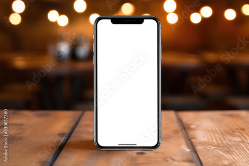 Mockup image: smartphone with white blank screen on wooden table in cafe. Mock up, copy space, template and technology concept
