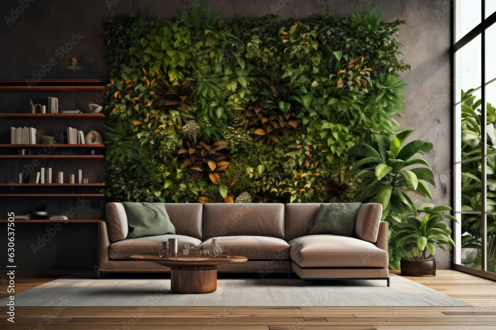 Stylish living room interior with comfortable sofa, coffee table. Background from leaves and plants. Plant wall with lush green colors Stylish living room interior with comfortable sofa, coffee table. Background from leaves and plants. Plant wall with lush green colors