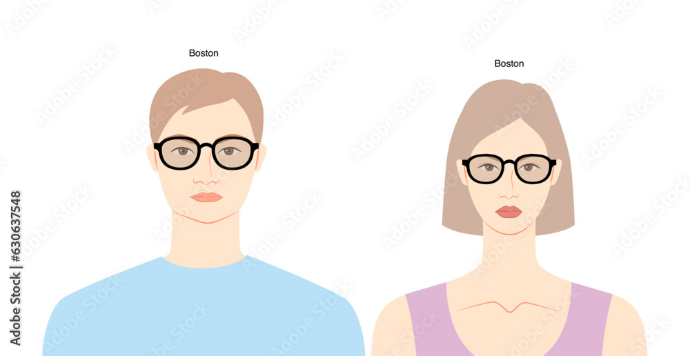 Boston frame glasses on women and men flat character fashion accessory illustration. Sunglass front view silhouette style, rim spectacles eyeglasses with lens sketch style isolated on white background Boston frame glasses on women and men flat character fashion accessory illustration. Sunglass front view silhouette style, rim spectacles eyeglasses with lens sketch style isolated on white background