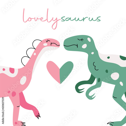 Vector hand drawn flat postcard with dinosaur and heart. Lovelysaurus