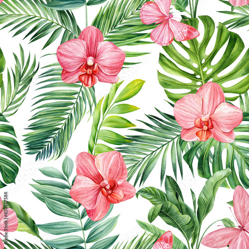 Palm leaves, butterfly and pink orchid flowers, tropical watercolor painting. Seamless pattern, jungle wallpaper