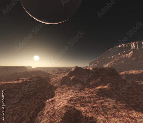 Mars at sunset  panorama of Mars  alien landscape  a panorama of a surface of another planet  3D rendering