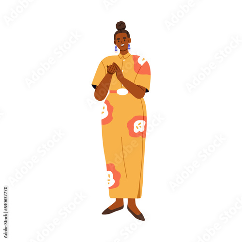 Happy excited black woman applauding, clapping hands. Smiling girl standing, admiring, celebrating, cheering, respecting with applause gesture. Flat vector illustration isolated on white background