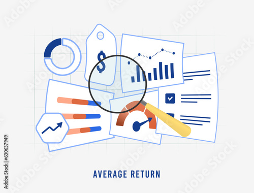 Average return - simple mathematical average of returns over specified period. Calculated by adding all returns and dividing by count of numbers. Flat vector illustration isolated on white background