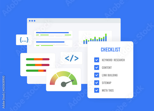 SEO Checklist - Boost Website Ranking and Web Page Performance. On-Page Optimization, Technical on-page and off-page SEO checklist, Mobile-Friendly Design, Content Marketing - Vector Illustration