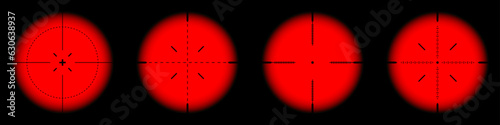 Various weapon thermal infrared sights, sniper rifle optical scopes. Hunting gun viewfinder with crosshair. Aim, shooting mark symbol. Military target sign. Game UI element. Vector illustration
