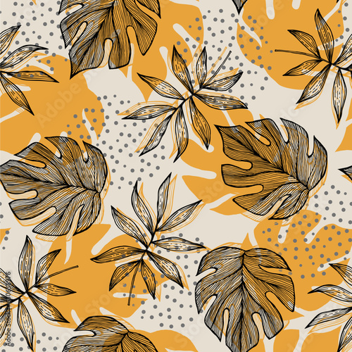 Seamless pattern with yellow tropical plants and leaves. Floral seamless vector tropical pattern background with exotic leaves, jungle leaf. Exotic wallpaper, Hawaiian style.