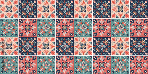 Seamless colorful patchwork in turkish style. Azulejos tiles patchwork. Portuguese and Spain decor. Islam, Arabic, Indian, ottoman motif. 