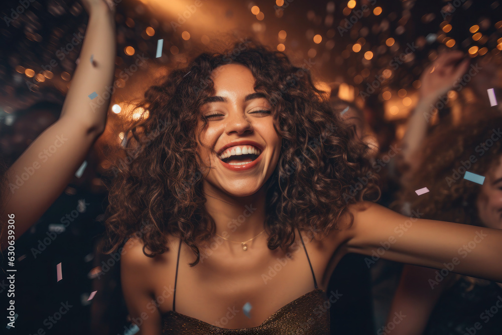 Fototapeta premium girl with curly hair laughs at a party. confetti, and fireworks. night dancing.