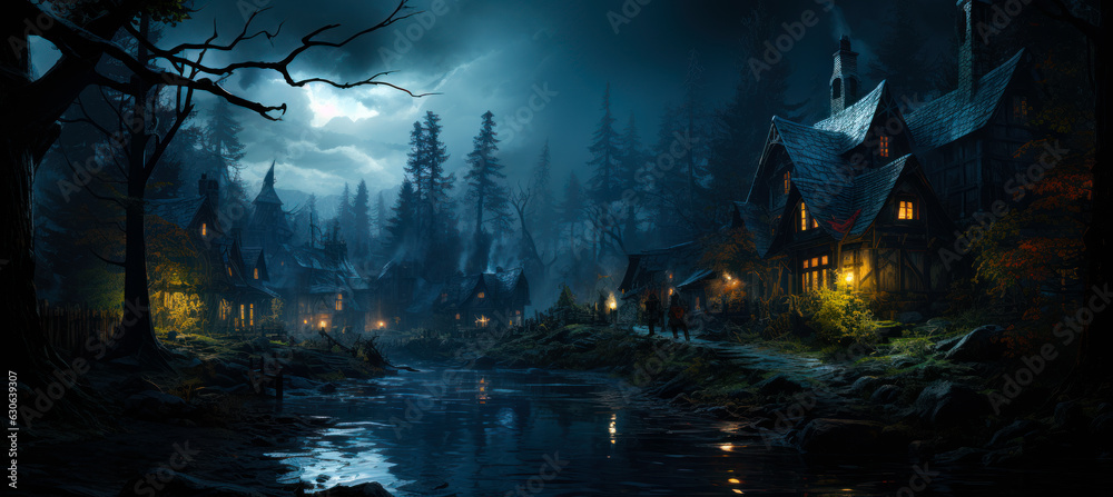 Halloween spooky haunted forest. Mystery forest mansion. Generative AI. Halloween spooky haunted forest. Mystery forest mansion. Generative AI.