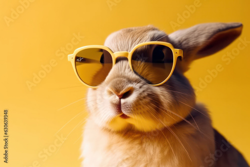 Add some hip style to your designs with this playful rabbit in sunglasses on a bright yellow background. Cute and whimsical. AI Generative.