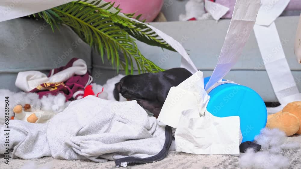 Funny naughty dog dachshund, fusses, guiltily turns away, hides on