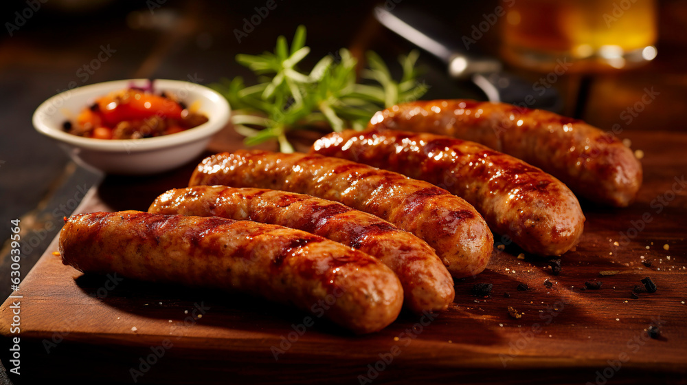 Delicious grilled sausages with sauce ketchup on a wooden table. - obrazy, fototapety, plakaty 