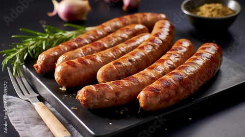 Delicious grilled sausages on a wooden table.