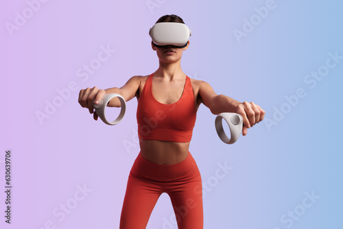 Woman in VR headset doing squats with controllers