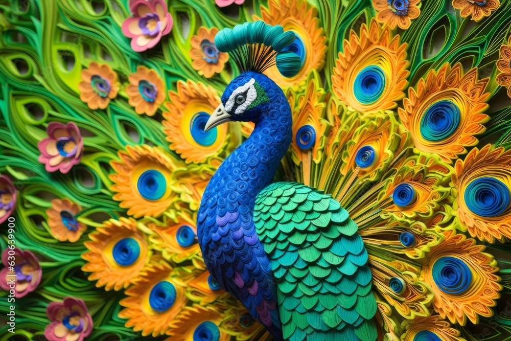 Fototapeta premium Multicolored peacock in the technique of quilling. Papercraft, hobby concept