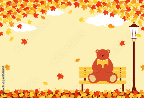 autumn vector background with a bear reading a book on a park bench for banners, cards, flyers, social media wallpapers, etc.