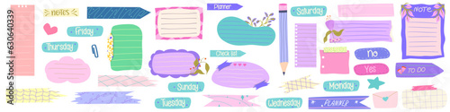 Sticker Planner various paper memo notes. Cute bright sticker note with tape for to-do list, planner. Hand drawn cute collection badge. Frame for text and reminder. Flat vector illustration