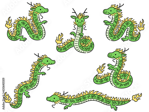 色々なポーズの緑色の龍のイラストセット