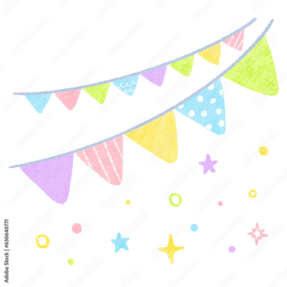 Pop and cute garland (flag) and glitter, textured hand-drawn illustration / ポップでかわいいガーランド(フラッグ)とキラキラ、質感のある手描きイラスト