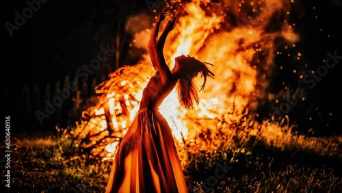 beautiful shamanic woman dancing by the fire. Loop Animation.