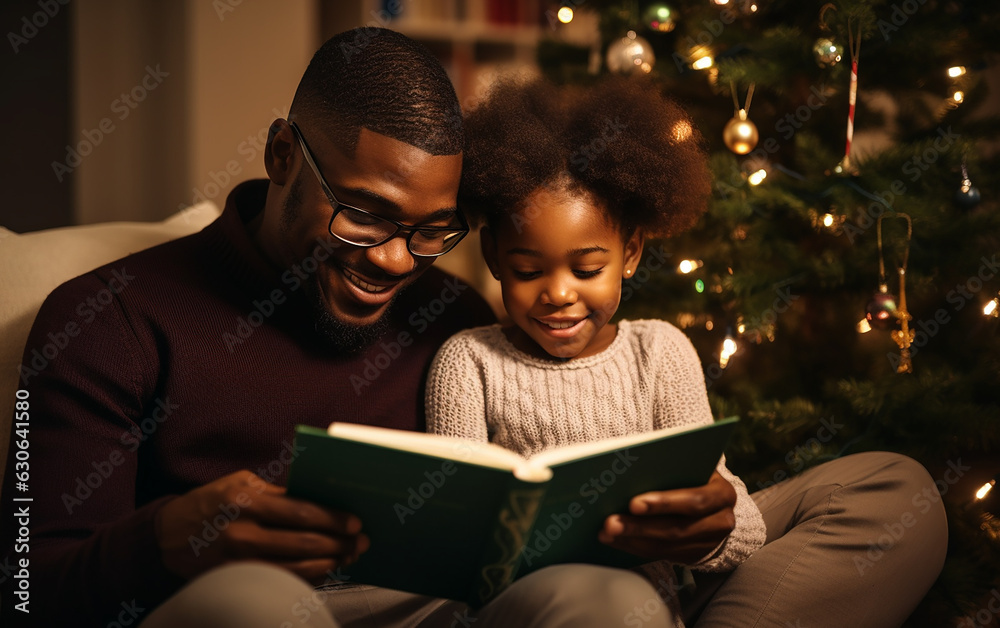 Black african american dark-skinned loving caring father with cute little daughter reading book at home near Christmas tree