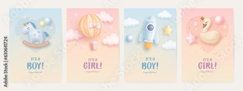 Set of baby shower invitation template with cartoon rocket, hot air balloon, rocking horse and swan on colorful background. Its a girl, its a boy. Vector illustration