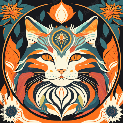 Vector illustration of a cat in a circle of floral ornament. Vector illustration.