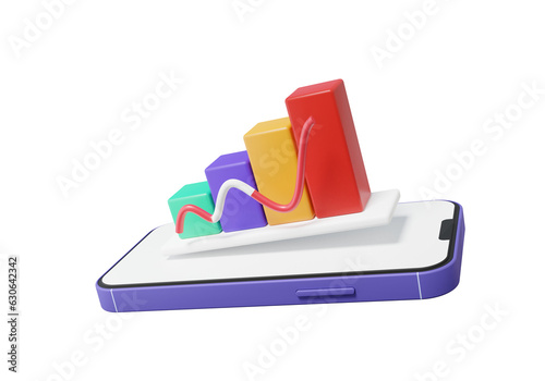 Stock trader financial business economics concept. analytics data red graph higher on smartphone on isolated background. online investment exchange, minimal cartoon. 3d render illustration