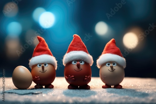 small Christmas gnomes in the snow in red hats on a blurred background of illumination on Christmas night. copy space 