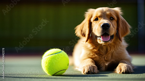 dog golden retriever with tennis ball court