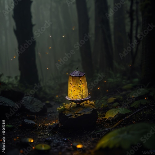 lantern in the forest, fireflies, magical forest,generative AI