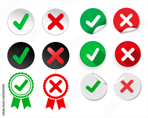 Green check mark icon and red cross mark simple dark icons collection