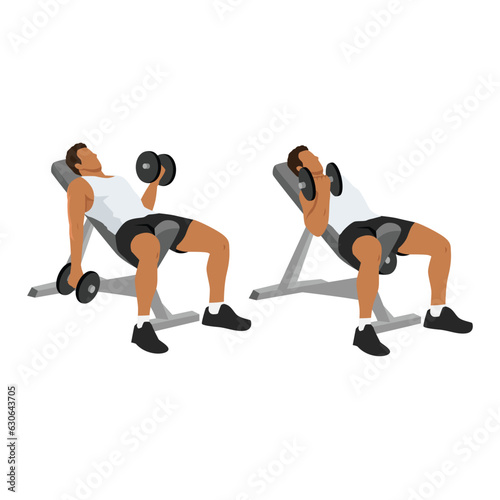 Man doing Seated alternating incline bench dumbbell curls exercise. Flat vector illustration isolated on white background