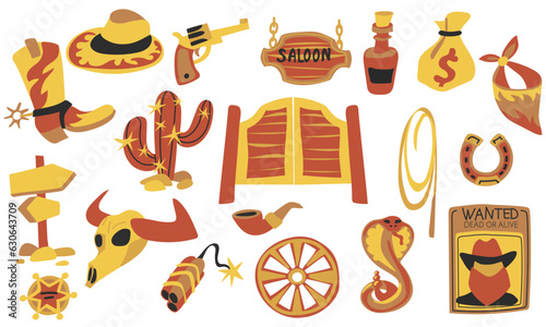 A set of wild west elements in a modern flat style. Vector illustration: cowboy boot, hat, saloon doors and sign, bandana, bull skull, revolver, cactus, bottle, dynamite, revolver, sheriff's badge
