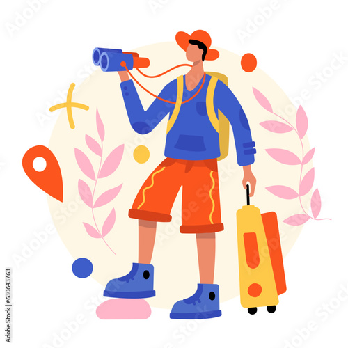 Male holding binoculars and trolley bag and searching for right location. Finding route while traveling. Concept of tourism. Flat vector illustration in cartoon style in blue and yellow colors