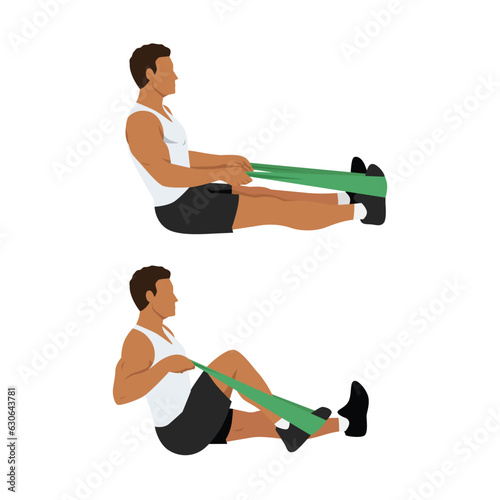 Man doing seated resistance knee flexion exercise. Flat vector illustration isolated on white background