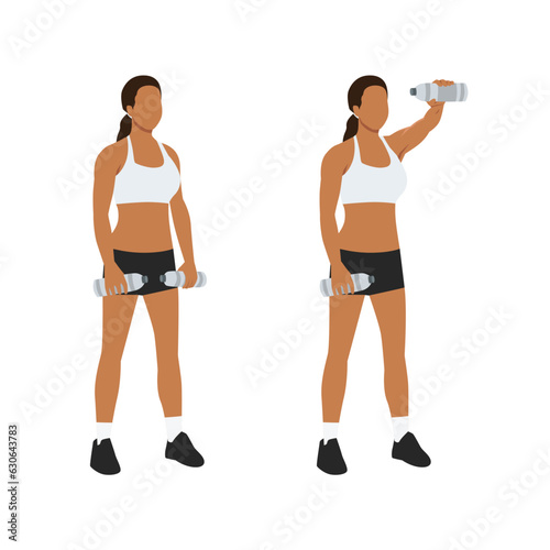 Woman doing single or one arm front water bottle raises exercise. Flat vector illustration isolated on white background